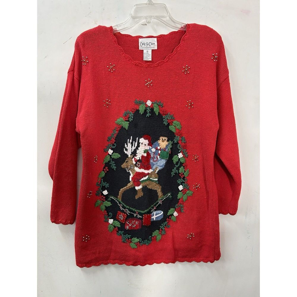 Vintage Christmas Sweater Womens Size M Red Cotton Knit Embroidered Santa Toys